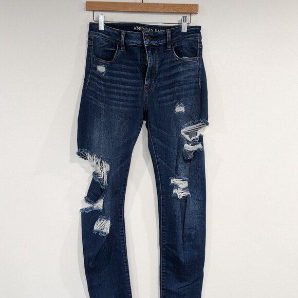 American Eagle Distressed Super Stretch Hi-Rise Jeggings Blue Size 8 - Picture 1 of 4
